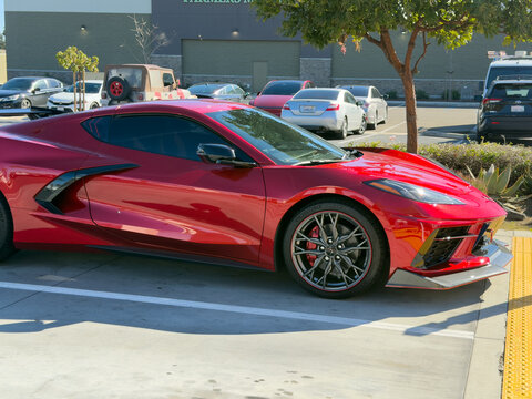 Red Chevrolet Corvette C8 Parked in Shopping Center Lot