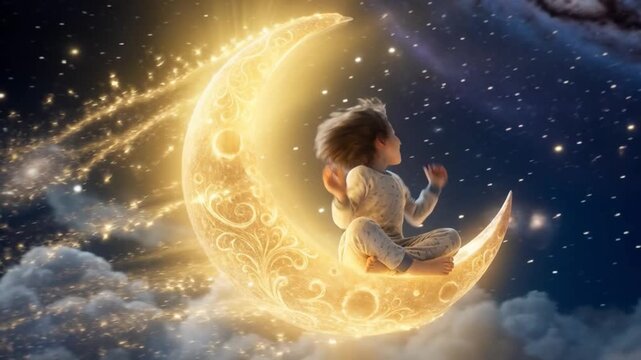 Happy child sitting on a glowing crescent moon in starry night sky