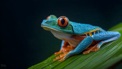 Naklejka premium Extreme macro of a blue tree frog with orange eyes perched on a vibrant green leaf in a dark rainforest