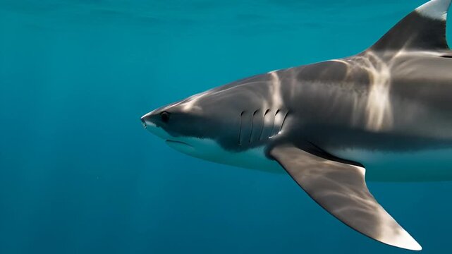 A shark swims underwater in the ocean, viewed from the side, in a serene aquatic environment.