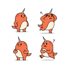 Cartoon narwhal showing different emotions on white background © SALEHA STOCK