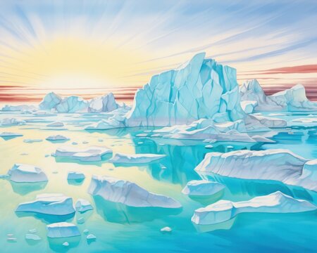 Ilustra&ccedil;&atilde;o vibrante de icebergues flutuando no oceano polar sob um nascer do sol dourado com raios de luz e reflexos na &aacute;gua azul cristalina.