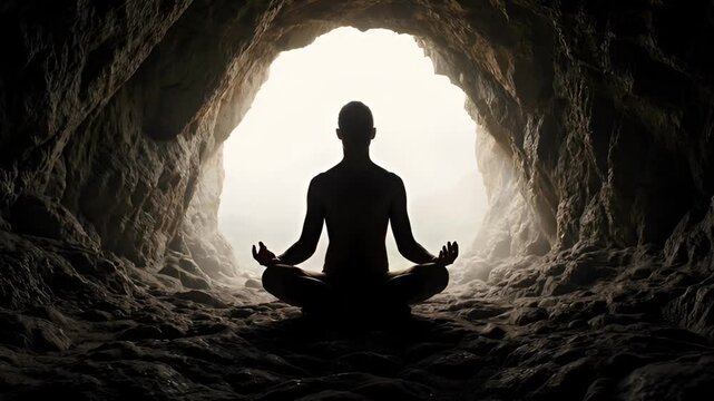 A person meditating in a serene cave with a bright light emanating from the entrance, creating a silhouette, viewed from behind.