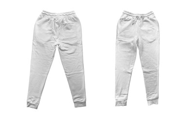 White joggers sweatpants mockup for men or women, front and back view isolated on transparent background, blank athletic trousers for apparel design and fashion branding © twentysixdepressed