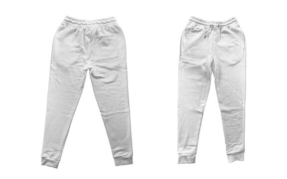 White joggers sweatpants mockup for men or women, front and back view isolated on transparent background, blank athletic trousers for apparel design and fashion branding