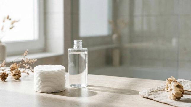 Stacked cotton pads next to a clear bottle, created AI