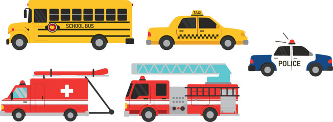 Emergency and Public Service Vehicles Collection Including School Bus, Taxi, Police Car and Fire Truck Vector Illustration Set Isolated on White Background © Hazera Creative