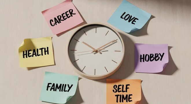 Worklife balance concept with clock and sticky notes for career, health, love, hobby