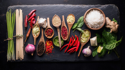 Aerial view of colorful Asian ingredients on stone slab, showcasing vibrant culinary diversity.
