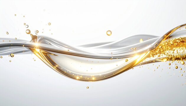 Luxury abstract gold and silver liquid waves with glowing sparkles on white background　白背景に輝く金と銀の液体の波とキラキラした粒子の豪華な抽象背景素材　イラスト