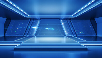 Obraz premium Futuristic blue neon stage background for product presentation in cyber space サイバースペースの近未来的なブルーネオンステージと展示台の背景素材