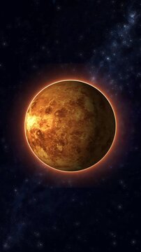 Realistic venus rotating, hot planet orbit, vertical smartphone background, glowing toxic atmosphere, solar system astronomy, hellish world universe galaxy