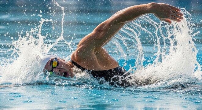 A powerful freestyle swimmer in mid-stroke, their arm creating a strong splash and wake, captured with a fast shutter speed to freeze every water droplet.