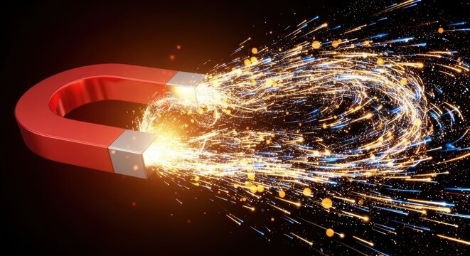 Glossy red and silver horseshoe magnet attracting golden glowing particles on a dark background