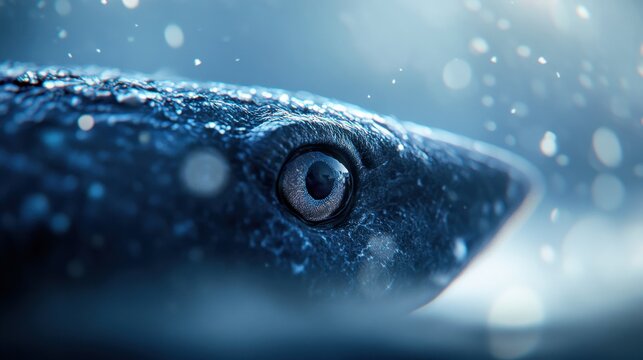Close-up detalhado de um olho de tubar&atilde;o sob a &aacute;gua com textura de pele &aacute;spera e bolhas flutuando em um ambiente oce&acirc;nico profundo e misterioso.