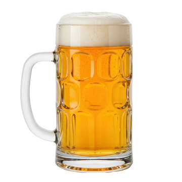 Beer golden in clear glass stein with frothy head isolated on white background