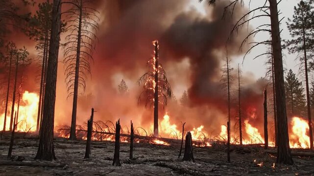 Raging wildfire engulfs forest, trees burning intensely with massive fire and smoke, viewed from a distance in a devastated landscape