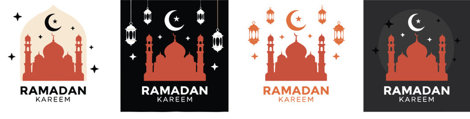 Obraz premium Ramadan Kareem Square Poster Vector Set Featuring Mosque Silhouettes, Crescent Moon, Hanging Lanterns, and Modern Islamic Night Theme Designs