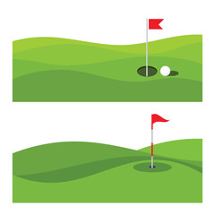 Obraz premium Set of Two Horizontal Golf Course Banners with Green Hills and Red Flag