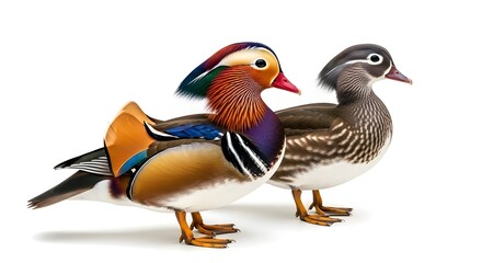 Fototapeta premium Elegant Mandarin Duck Pair Standing Together Isolated on White Background