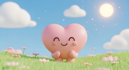 Naklejka premium Smiling pink heart character with legs standing in a green flower field. Happiness and summer love concept. Heart mascot enjoying a sunny day on a grassy hill with clouds.