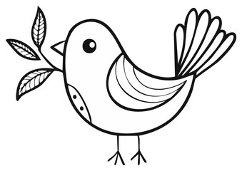 Cartoon bird holding leaves in its beak, black and white outline illustration