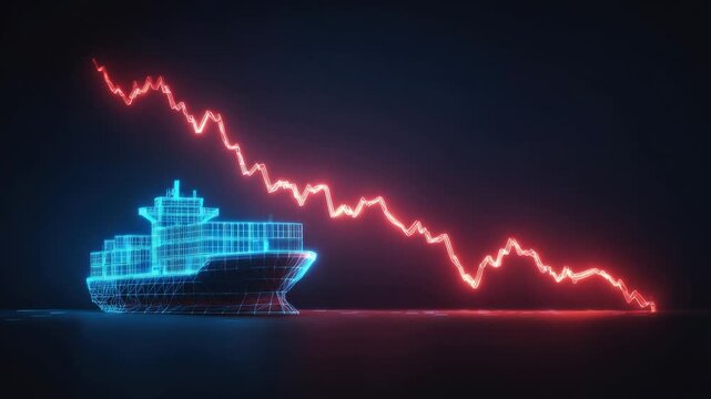 A stark, data-driven image depicting a shipping vessel positioned directly below a descending line chart. ..Created with Generative AI, not depicting real subjects.