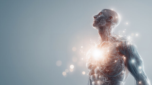 Patient visualizes hope via gentle glowing light. Person exudes optimism as soft radiant glow symbolizes healing and new beginnings