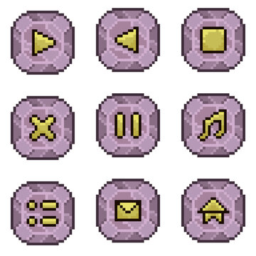 Set of 9 pixel art purple stone buttons with yellow icons. Featuring play, stop, exit, pause, music, and home. Perfect for prehistoric, dungeon, or nature-themed retro game user interfaces.