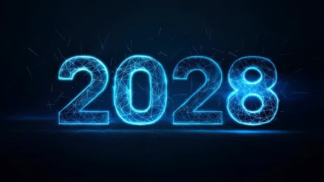 The year 2028 shines in futuristic blue light, set against a dark, tech-inspired backdrop, hinting at progress, innovation. ..Created with Generative AI, not depicting real subjects.