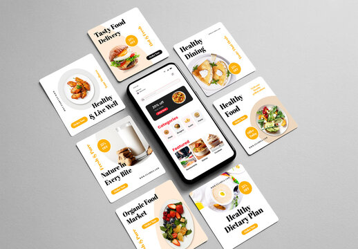Modern Food Delivery Social Media Post Mockup Set with Smartphone Interface