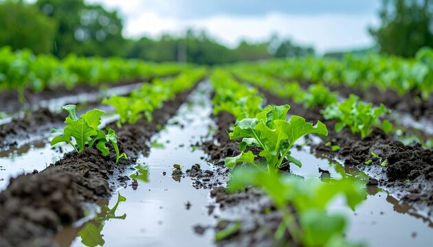 Young crops partially submerged in a waterlogged field after heavy rain