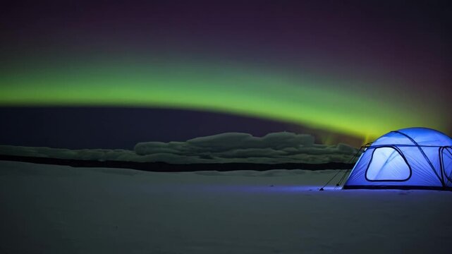 Glowing Dome Tent On Snow Under Aurora, Photographer Basecamp Glows Near Ice Ridge, Green Bands Ripple Across Dark Sky, LED Interior Casts Blue Warmth, Expedition Mood With Quiet Anticipation