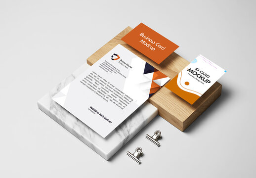 Stationery Branding Mockup with Letterhead and Business Cards on Marble and Wood