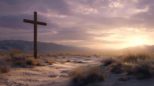 A serene image of a solitary wooden cross stands tall against a dramatic sky at sunrise, evoking a sense of faith, hope, and peace.  ..Created with Generative AI, not depicting real subjects.