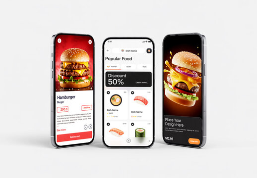 Three Smartphone Mockups Displaying Food Delivery App Interface with Burgers and Sushi