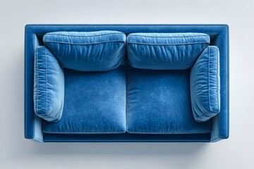 Fototapeta premium Blue Velvet Sofa - Modern Furniture, Cozy Living Room Design, Top View