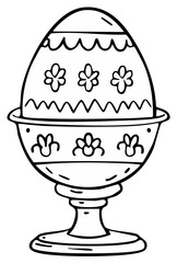 Decorated Easter egg in a stand black and white line art illustration