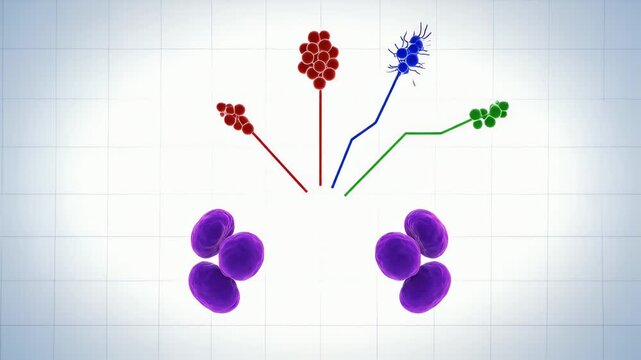 Stem Cell Differentiation Process Animation on White Background Medical Visual with Purple Cells