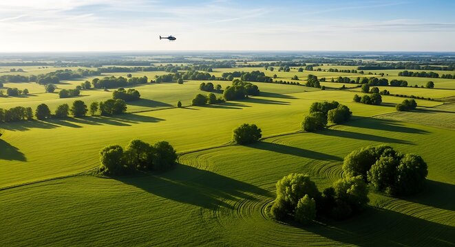 Aerial view of lush green fields and trees