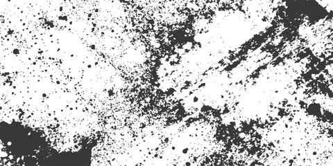 Abstract black and white grunge background featuring dark ink splatters and a dirty paint texture design with a distressed paper border and artistic spray stains
