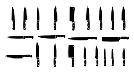 Collection of various black kitchen knives and cleavers on white background for cooking and culinary use