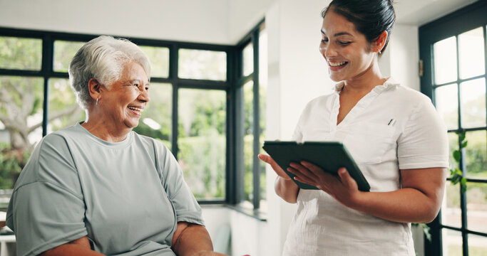 Tablet, physical therapist and old woman in consultation, medical results and laugh in clinic. Tech, physiotherapy or senior patient with chiropractor for healthcare recovery, rehabilitation or funny