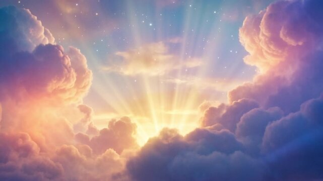 Majestic glowing sun rays breaking through colorful fluffy clouds