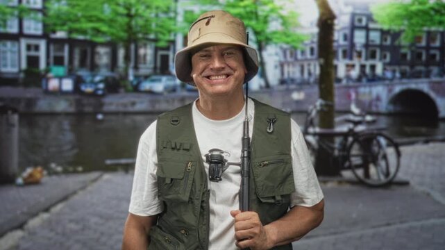 Man holding fishing rod and reel, wearing a fishing vest and bucket hat, smiling while standing on a street beside a canal with a bicycle and arched bridge; contentment leisure hobby.