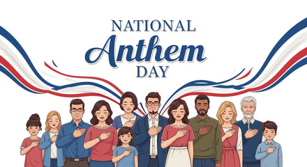 Diverse group of people standing with hands on hearts singing The Star Spangled Banner on National Anthem Day March 3.