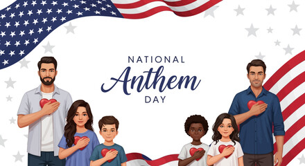 Diverse group of people standing with hands on hearts, celebrating National Anthem Day on March 3 with patriotic American flag background, symbolizing The Star Spangled Banner and American