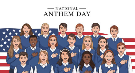Diverse group of people in blue uniforms standing with hands on hearts singing The Star Spangled Banner on National Anthem Day.