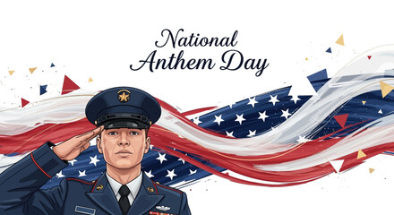 Military man saluting during National Anthem Day with American flag and confetti in the background.