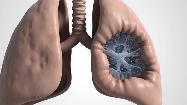 A 3D anatomical rendering of human lungs and a trachea showing a cluster of blue and white particles inside the right lung set against a white background
